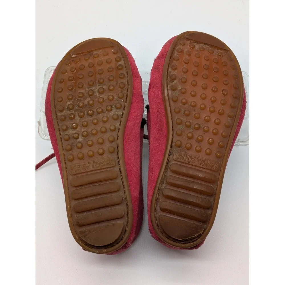 Minnetonka Girls Moccasins Size 1 Pink Suede Leopard Print Fringe Shoes